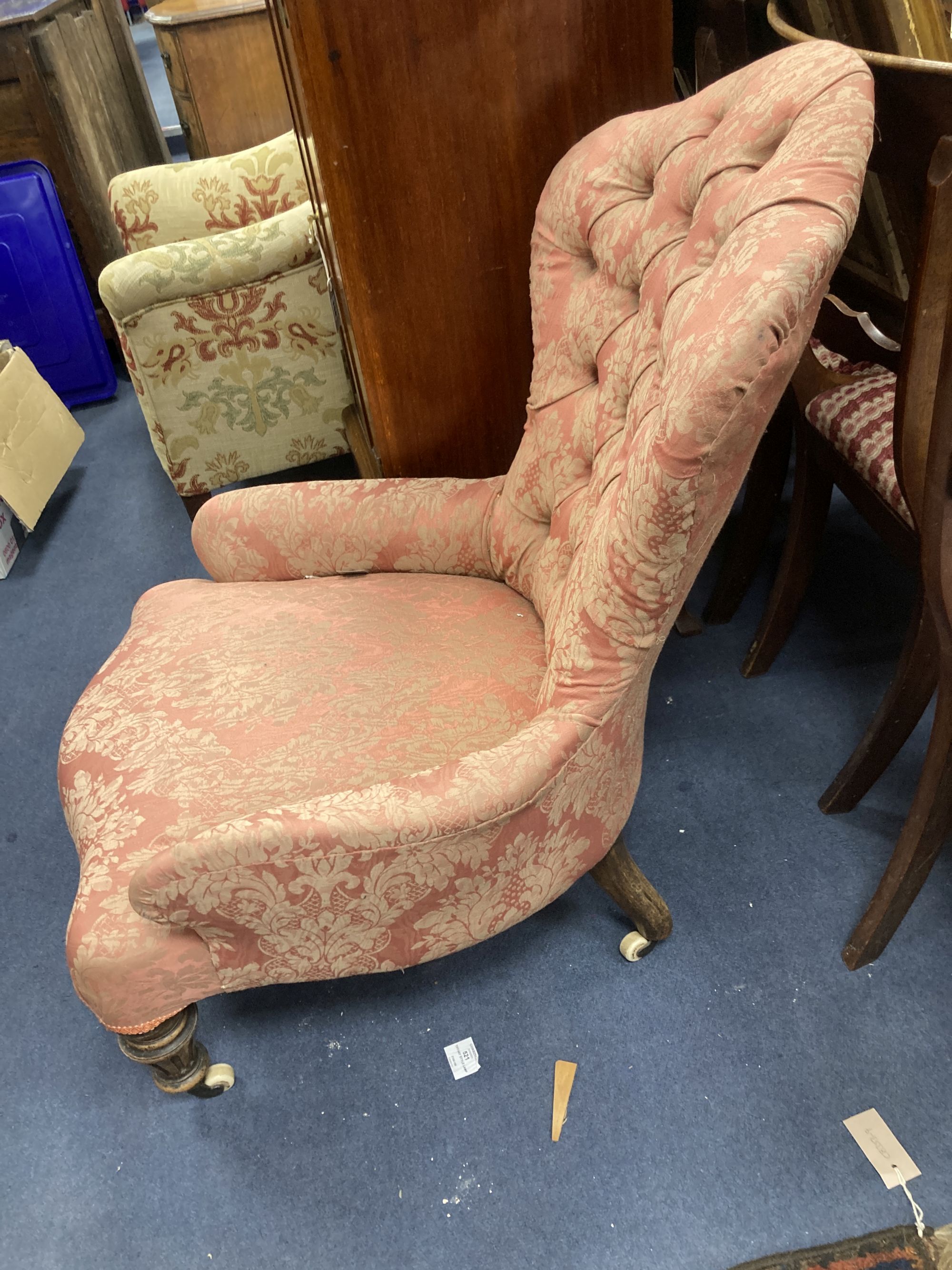 A Victorian button back nursing chair, with pink brocade upholstery, width 65cm, depth 55cm, height 85cm